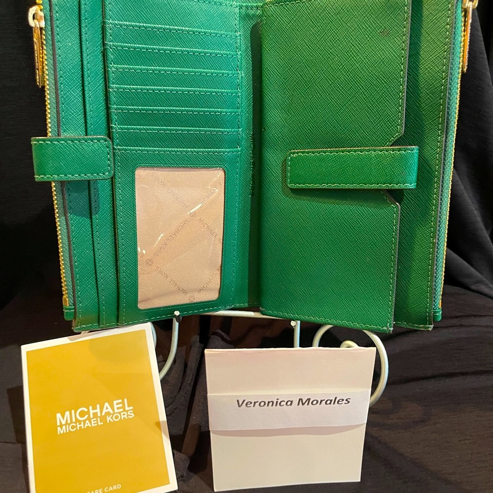 Michael Kors Green Double Zipper Wallet with Cell Phone Pocket